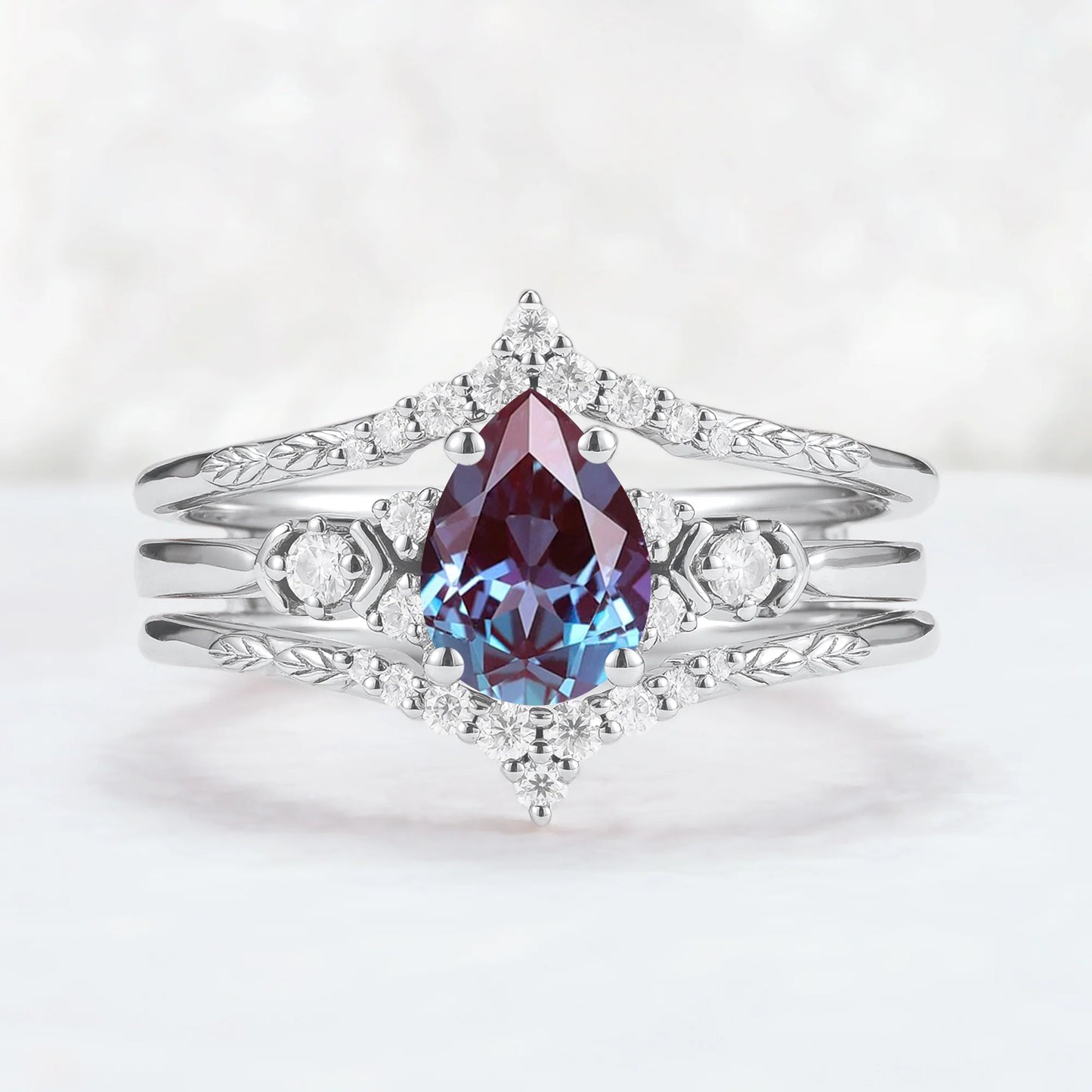 Unique Pear Cut Alexandrite Cluster Enhancer Gemstone Ring Set 2pcs