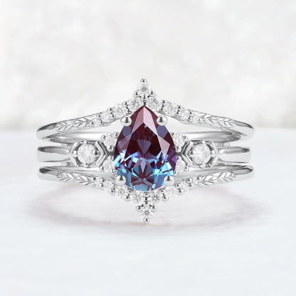 Unique Pear Cut Alexandrite Cluster Enhancer Gemstone Ring Set 2pcs