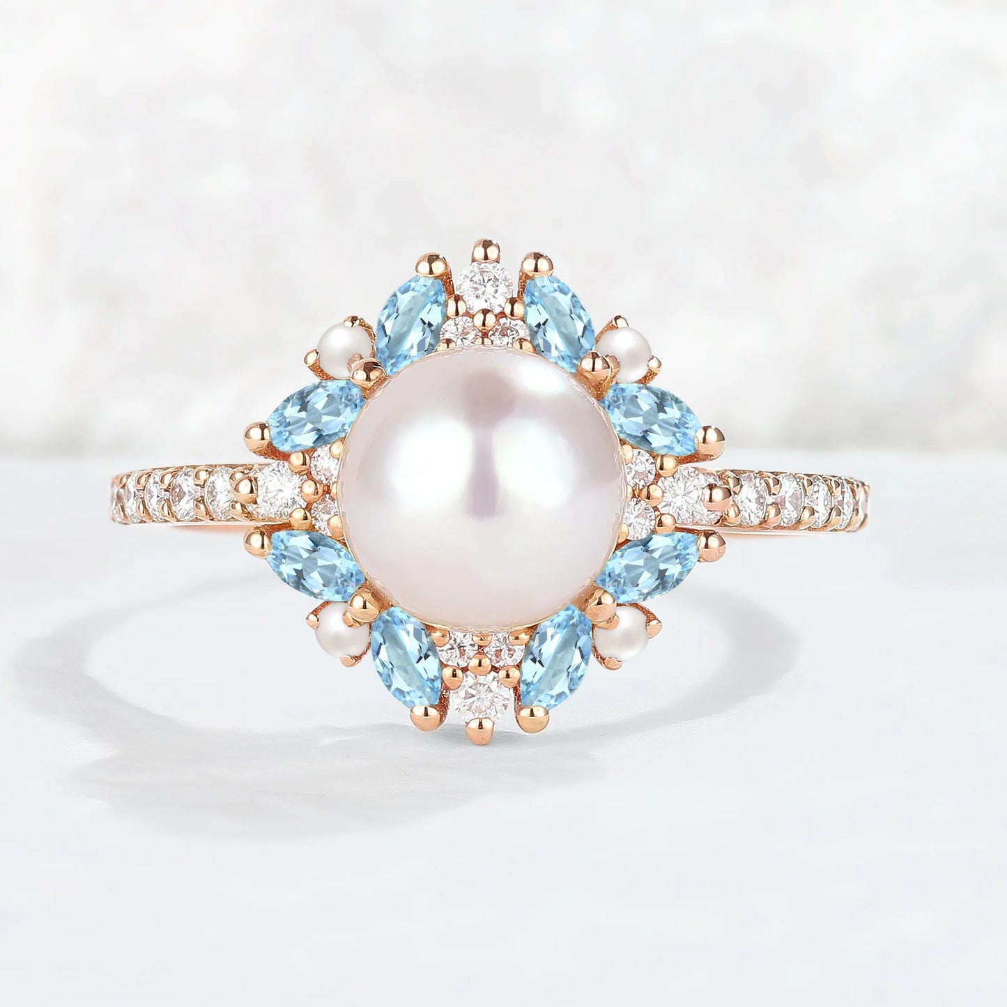 Nature Inspired Pearl and Aquamarine Half Enternityn Gemstone Ring