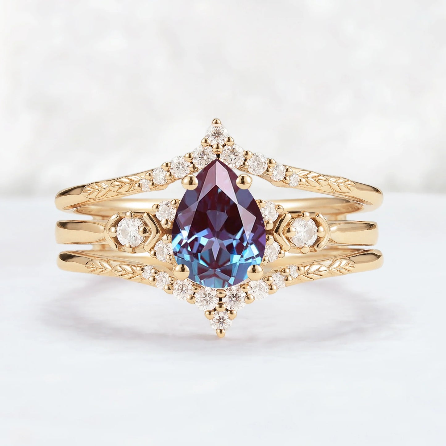 Unique Pear Cut Alexandrite Cluster Enhancer Gemstone Ring Set 2pcs