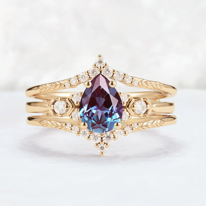 Unique Pear Cut Alexandrite Cluster Enhancer Gemstone Ring Set 2pcs