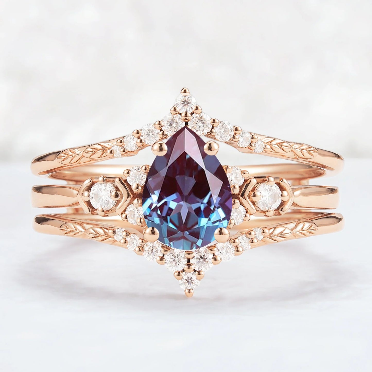 Unique Pear Cut Alexandrite Cluster Enhancer Gemstone Ring Set 2pcs