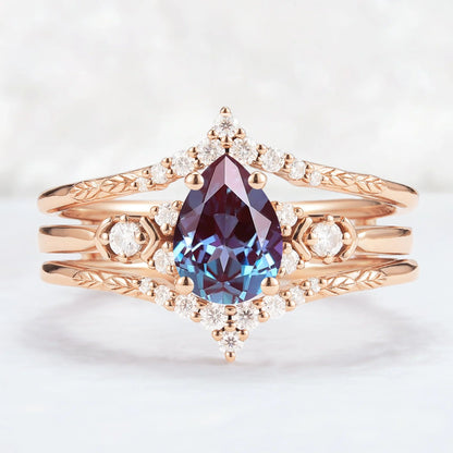 Unique Pear Cut Alexandrite Cluster Enhancer Gemstone Ring Set 2pcs