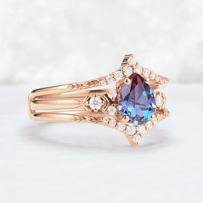 Unique Pear Cut Alexandrite Cluster Enhancer Gemstone Ring Set 2pcs