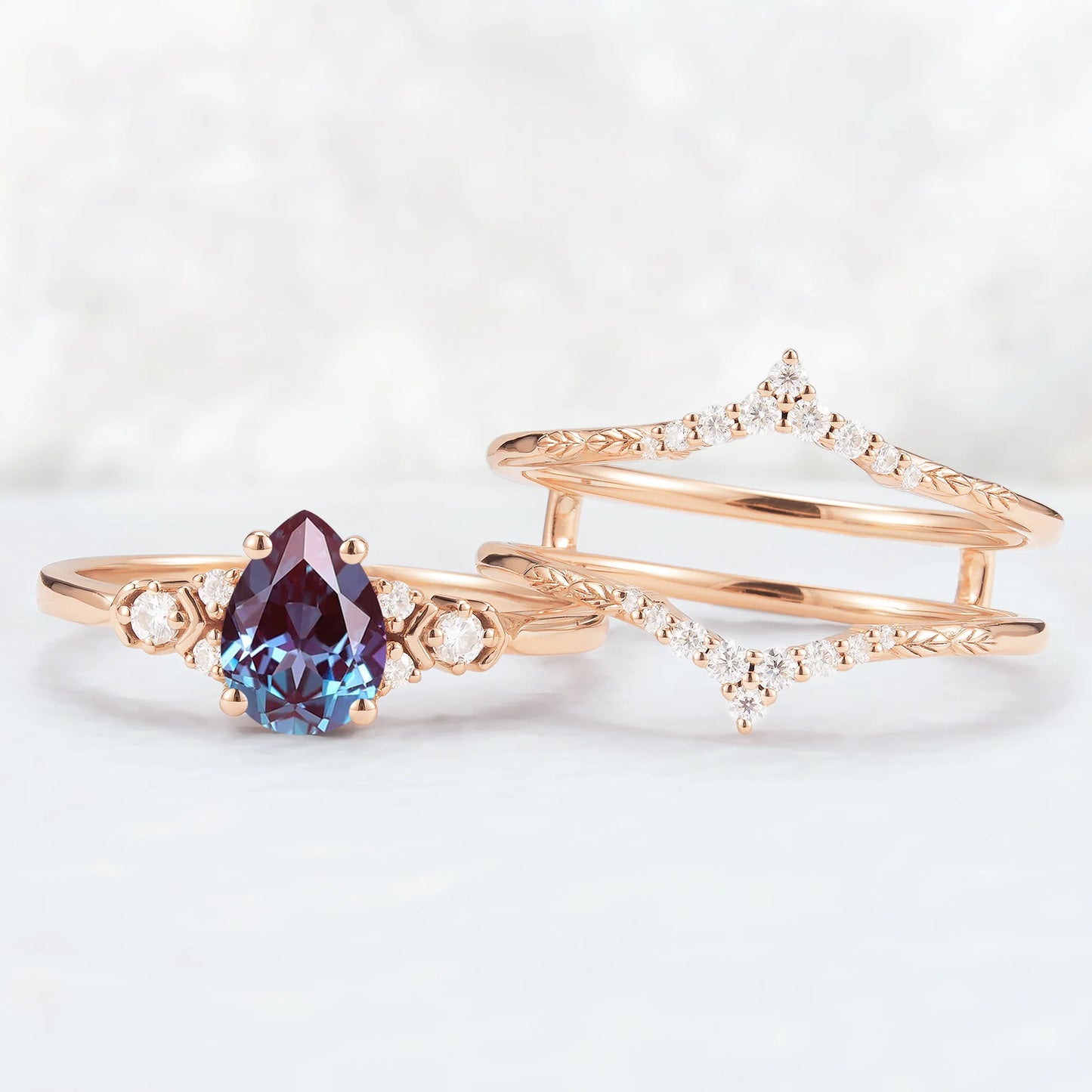 Unique Pear Cut Alexandrite Cluster Enhancer Gemstone Ring Set 2pcs