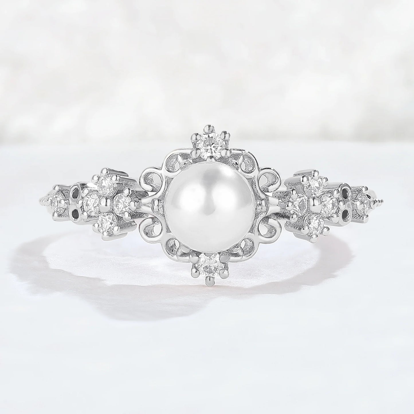 Nature Inspired Pearl and Moissanite Vine and Floral Gemstone Ring