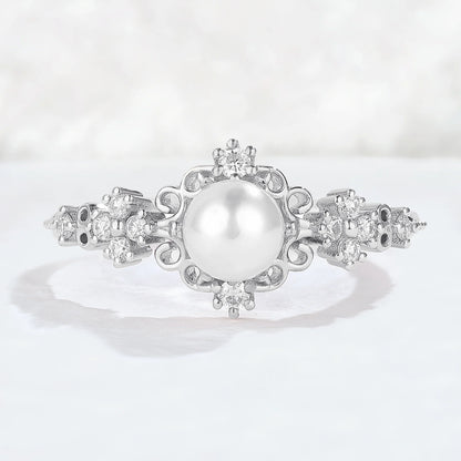Nature Inspired Pearl and Moissanite Vine and Floral Gemstone Ring