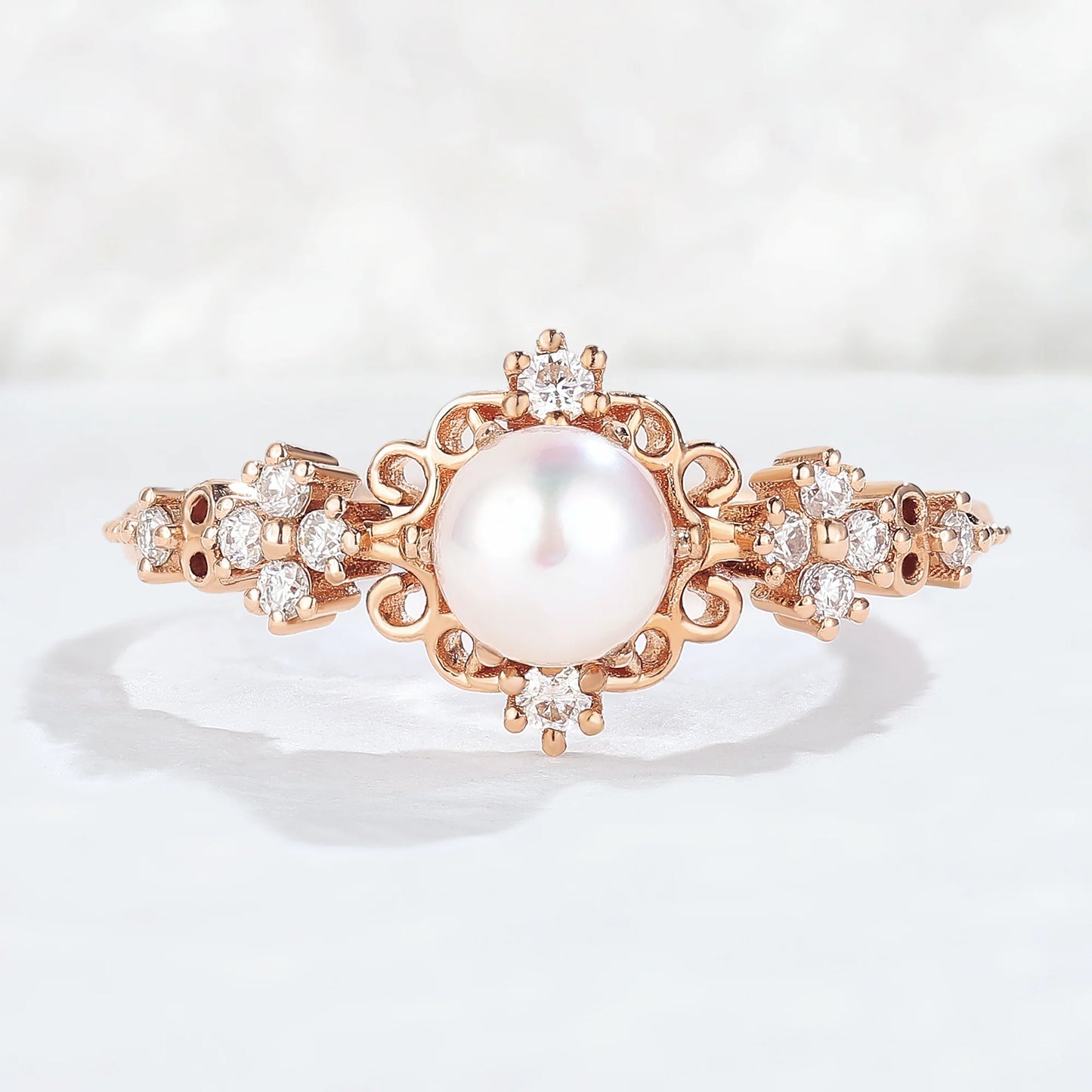 Nature Inspired Pearl and Moissanite Vine and Floral Gemstone Ring