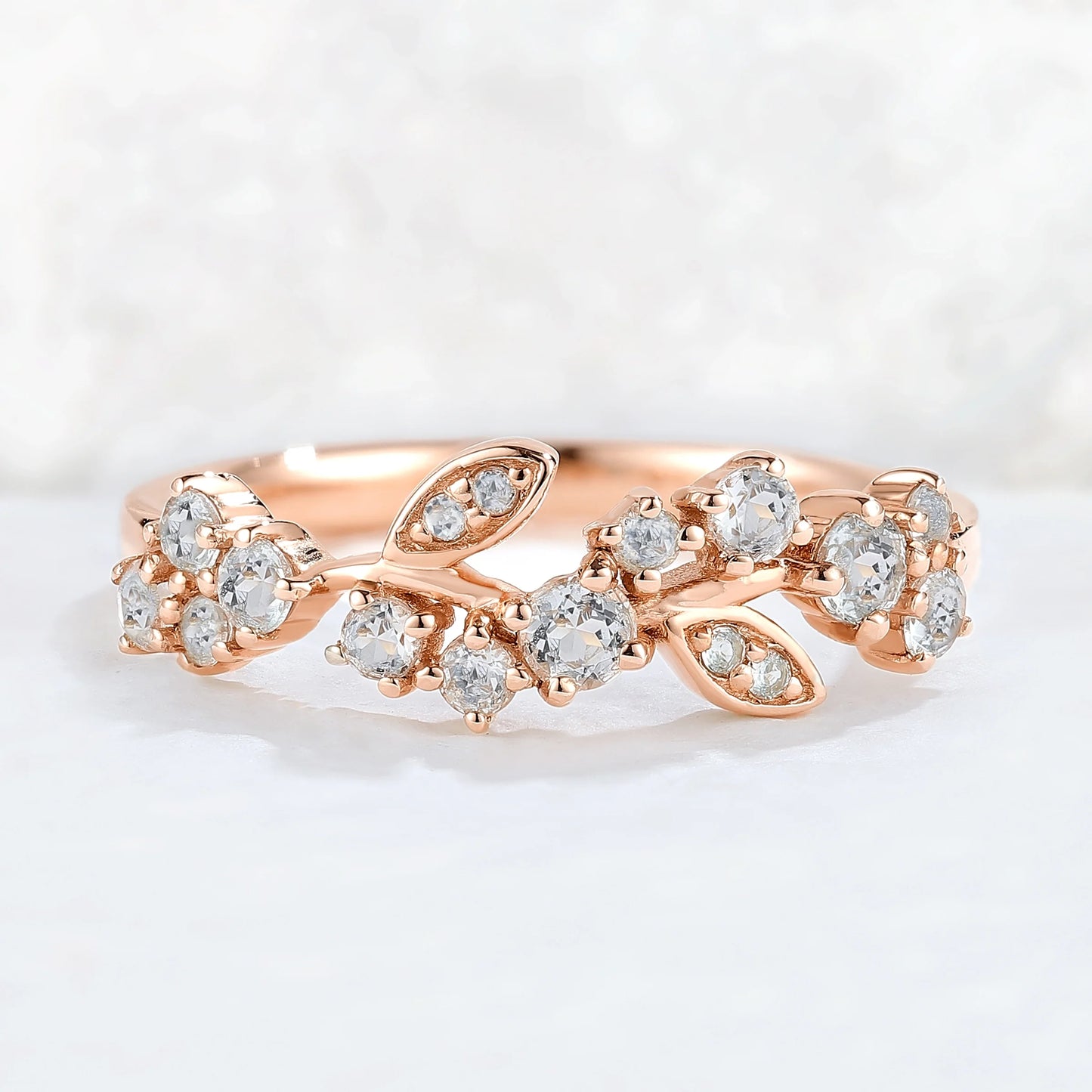 Nature Inspired Round Aquamarine Leaf Stacking Ring