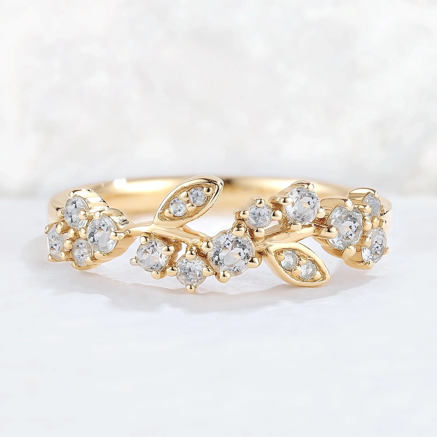 Nature Inspired Round Aquamarine Leaf Stacking Ring