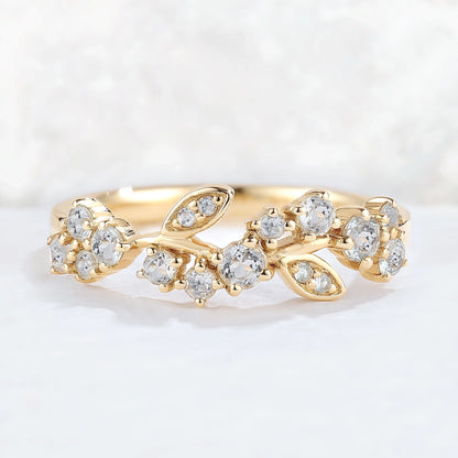 Nature Inspired Round Aquamarine Leaf Stacking Ring