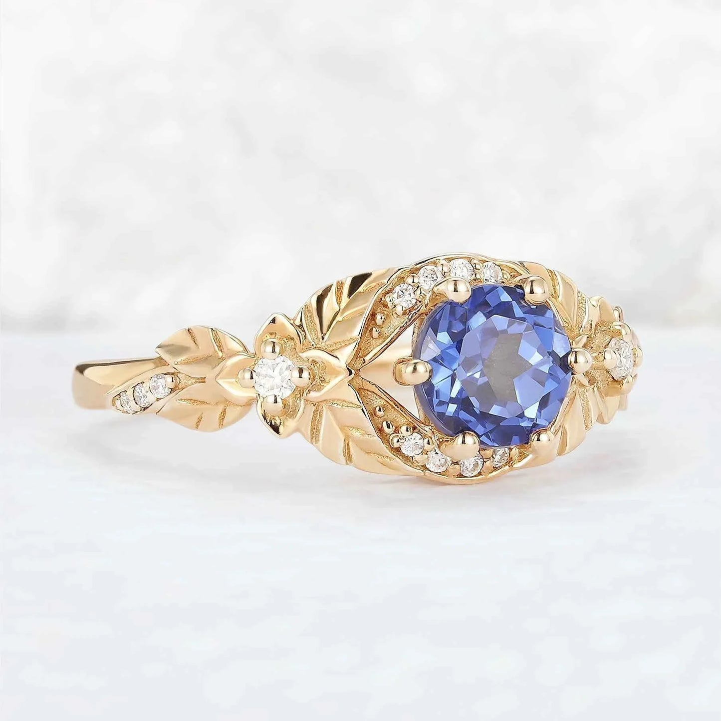 Nature Inspired Round Cut Cornflower Sapphire Gemstone Ring