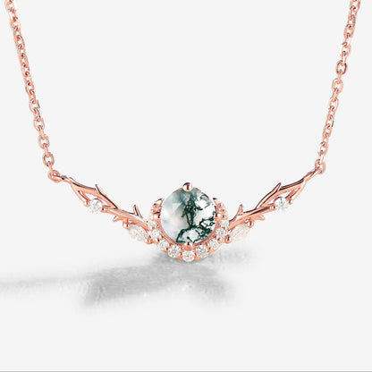 Nature Inspired Round Cut Moss Agate Vine Necklace