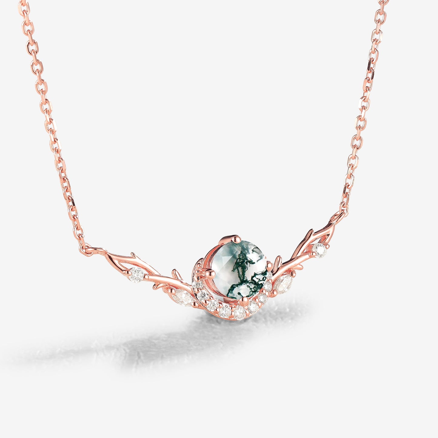 Nature Inspired Round Cut Moss Agate Vine Necklace