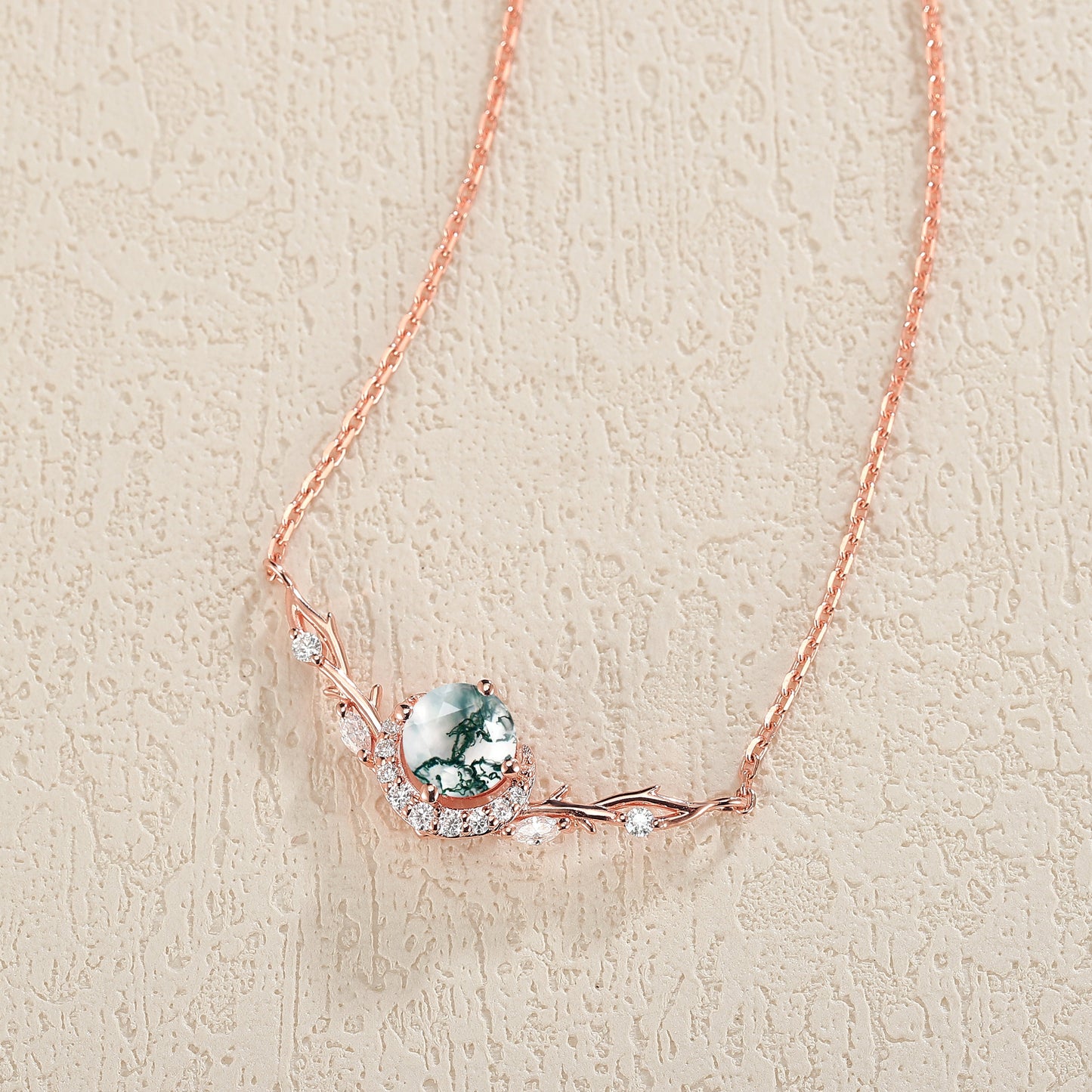 Nature Inspired Round Cut Moss Agate Vine Necklace