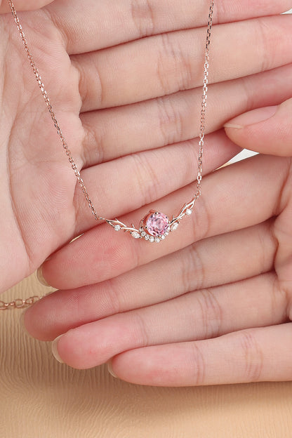 Nature Inspired Round Cut Pink Sapphire Vine Necklace