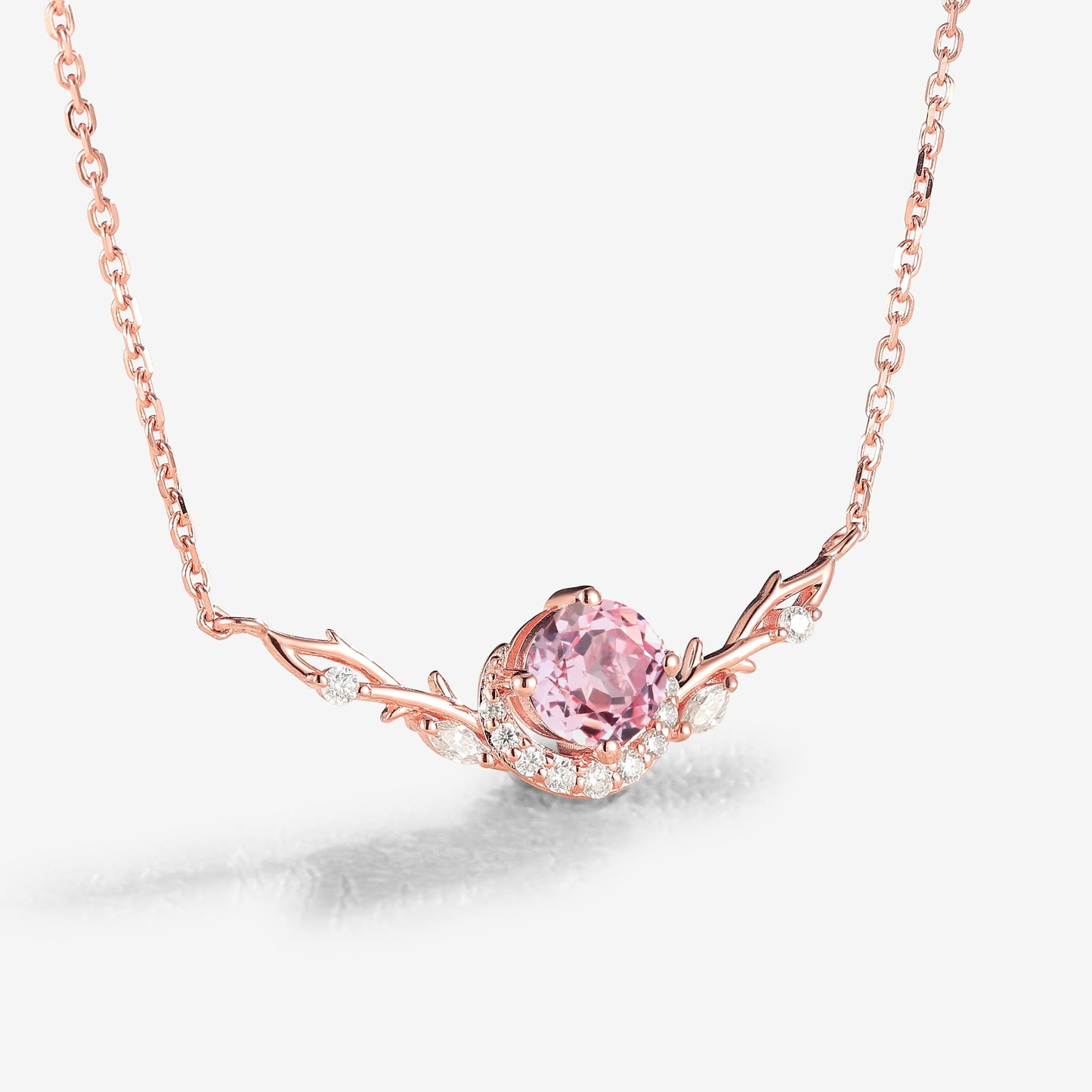 Nature Inspired Round Cut Pink Sapphire Vine Necklace