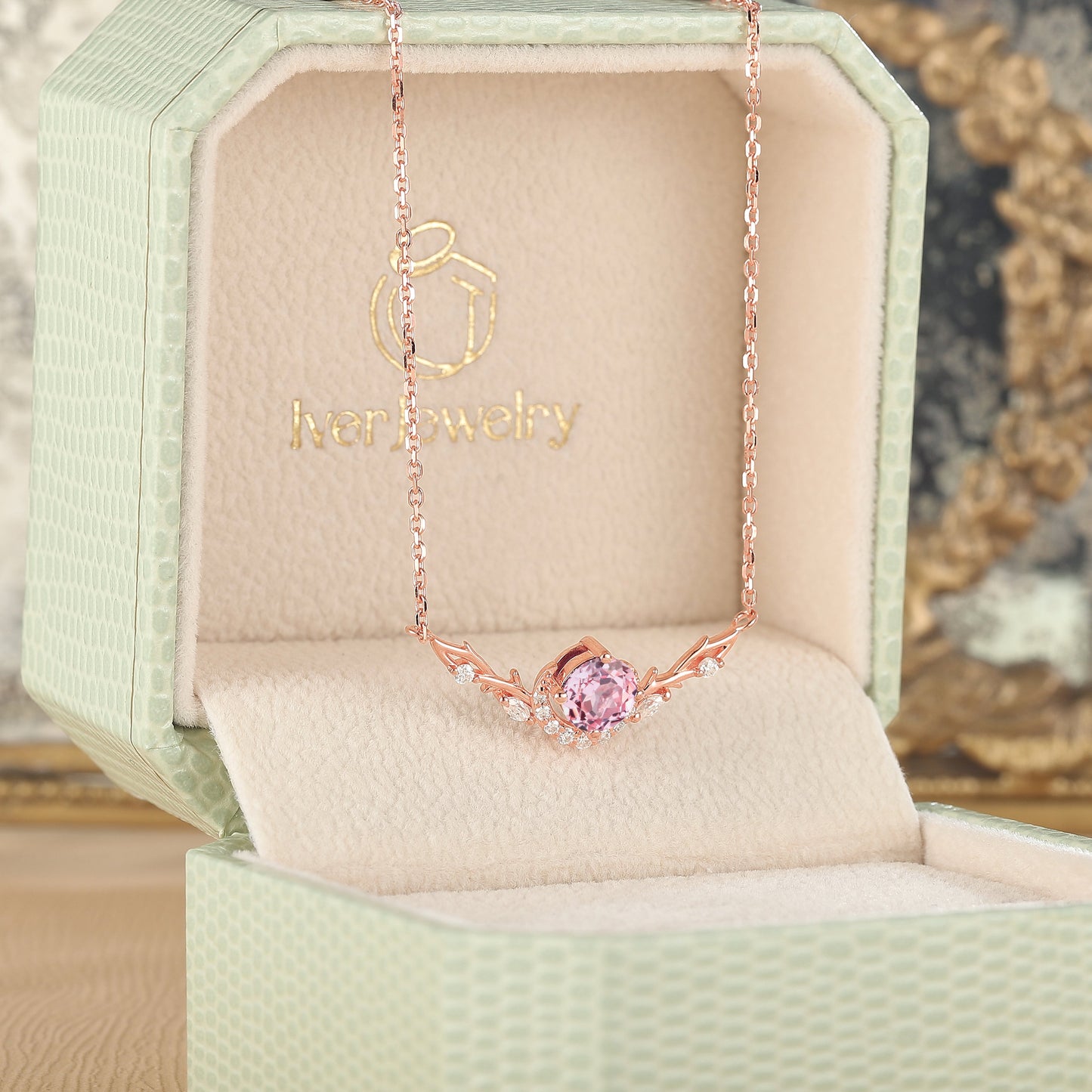 Nature Inspired Round Cut Pink Sapphire Vine Necklace