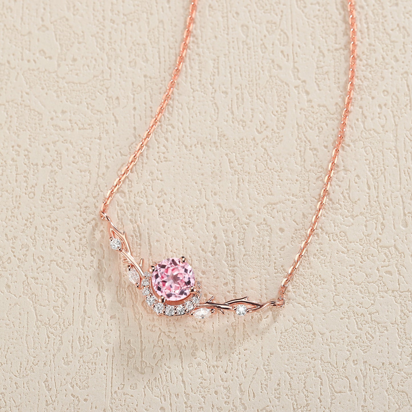 Nature Inspired Round Cut Pink Sapphire Vine Necklace