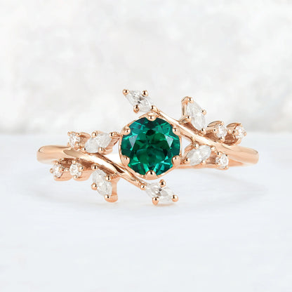 Nature Inspired Round Emerald Vine Gemstone Ring