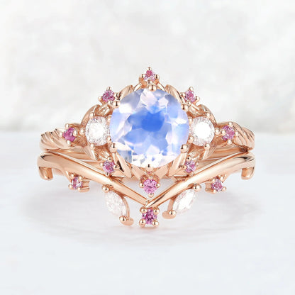 Nature Inspired Round Moonstone and Moissanite Ring Set 2pcs