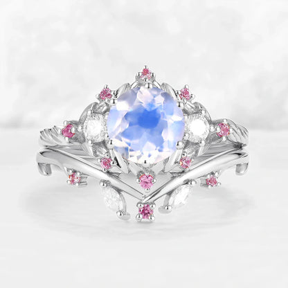 Nature Inspired Round Moonstone and Moissanite Ring Set 2pcs