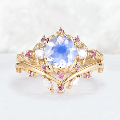 Nature Inspired Round Moonstone and Moissanite Ring Set 2pcs
