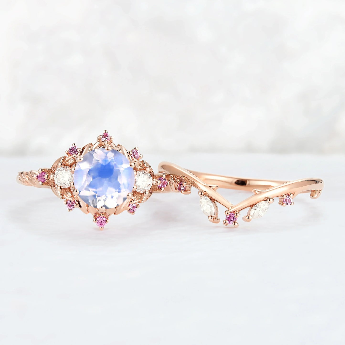 Nature Inspired Round Moonstone and Moissanite Ring Set 2pcs