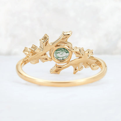 Nature Inspired Round Moss Agate Vine Gemstone Ring