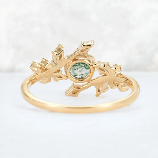 Nature Inspired Round Moss Agate Vine Gemstone Ring