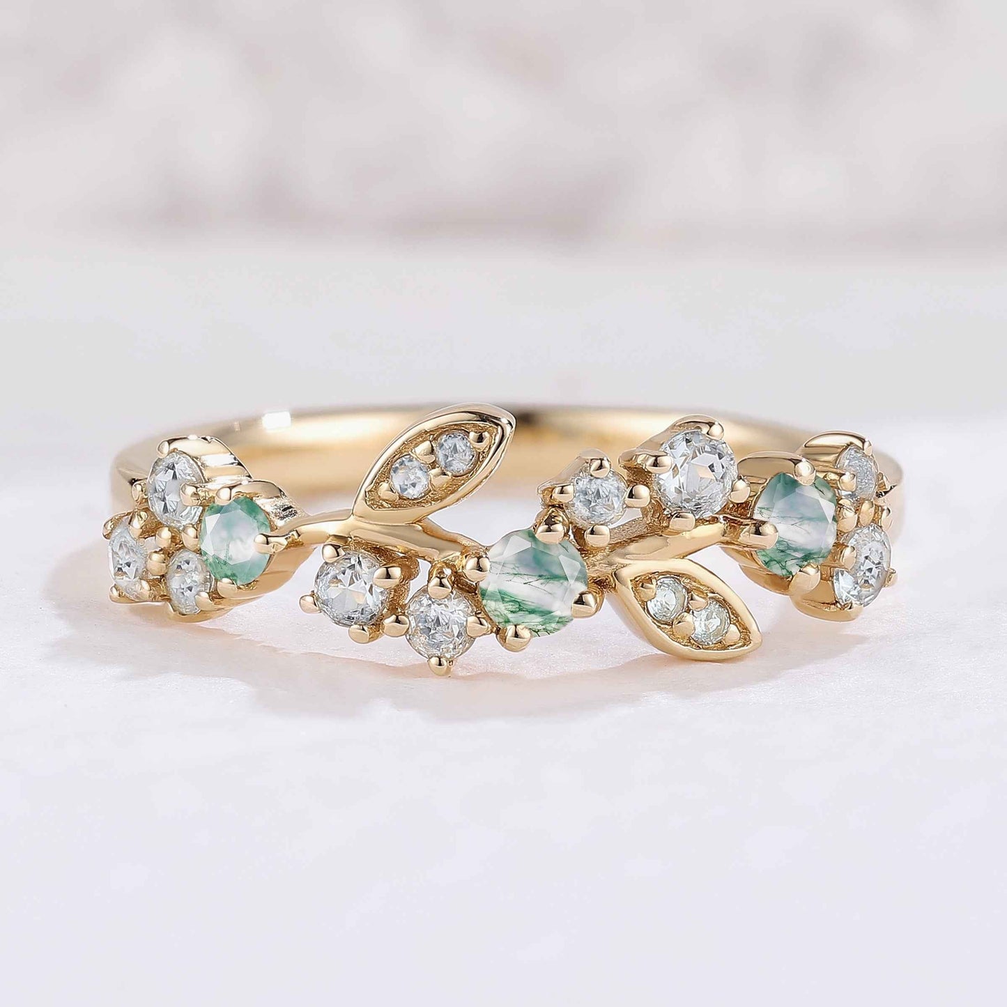 Nature Inspired Round Moss Agate Yellow Gold Gemstone Ring