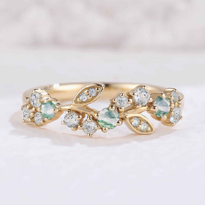 Nature Inspired Round Moss Agate Yellow Gold Gemstone Ring