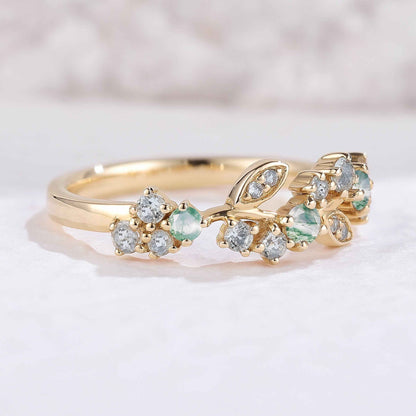 Nature Inspired Round Moss Agate Yellow Gold Gemstone Ring