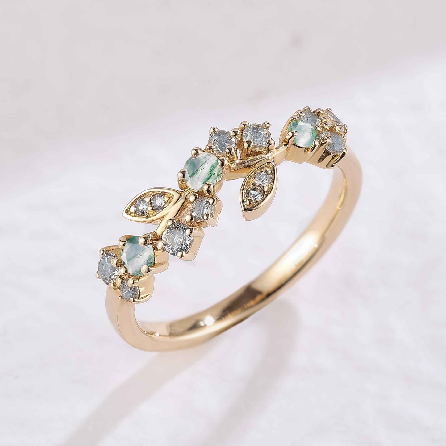 Nature Inspired Round Moss Agate Yellow Gold Gemstone Ring