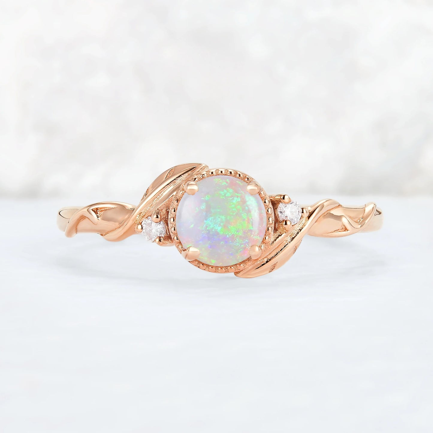 Nature Inspired Round Opal Leafy Twisted Gemstone Ring Set 2pcs