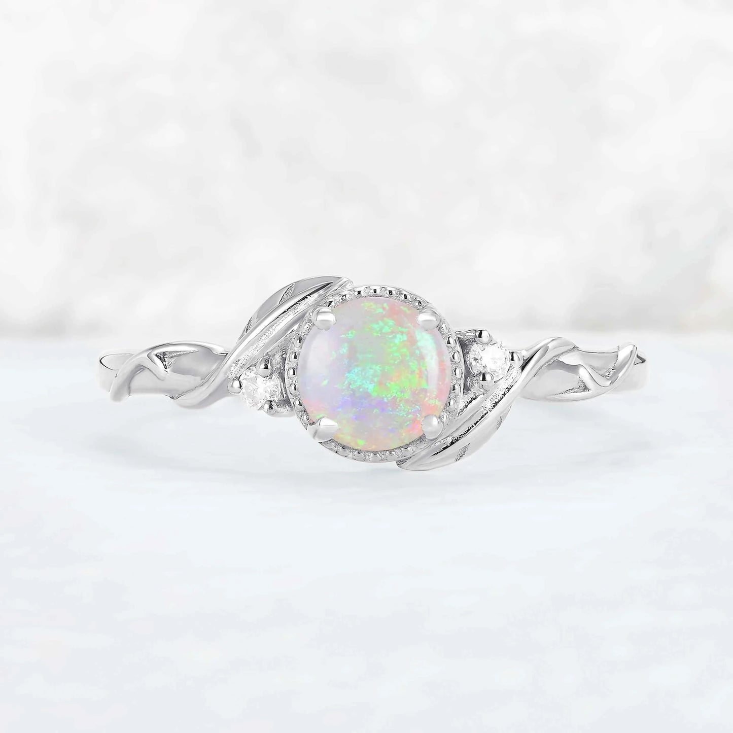 Nature Inspired Round Opal Leafy Twisted Gemstone Ring