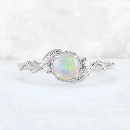 Nature Inspired Round Opal Leafy Twisted Gemstone Ring