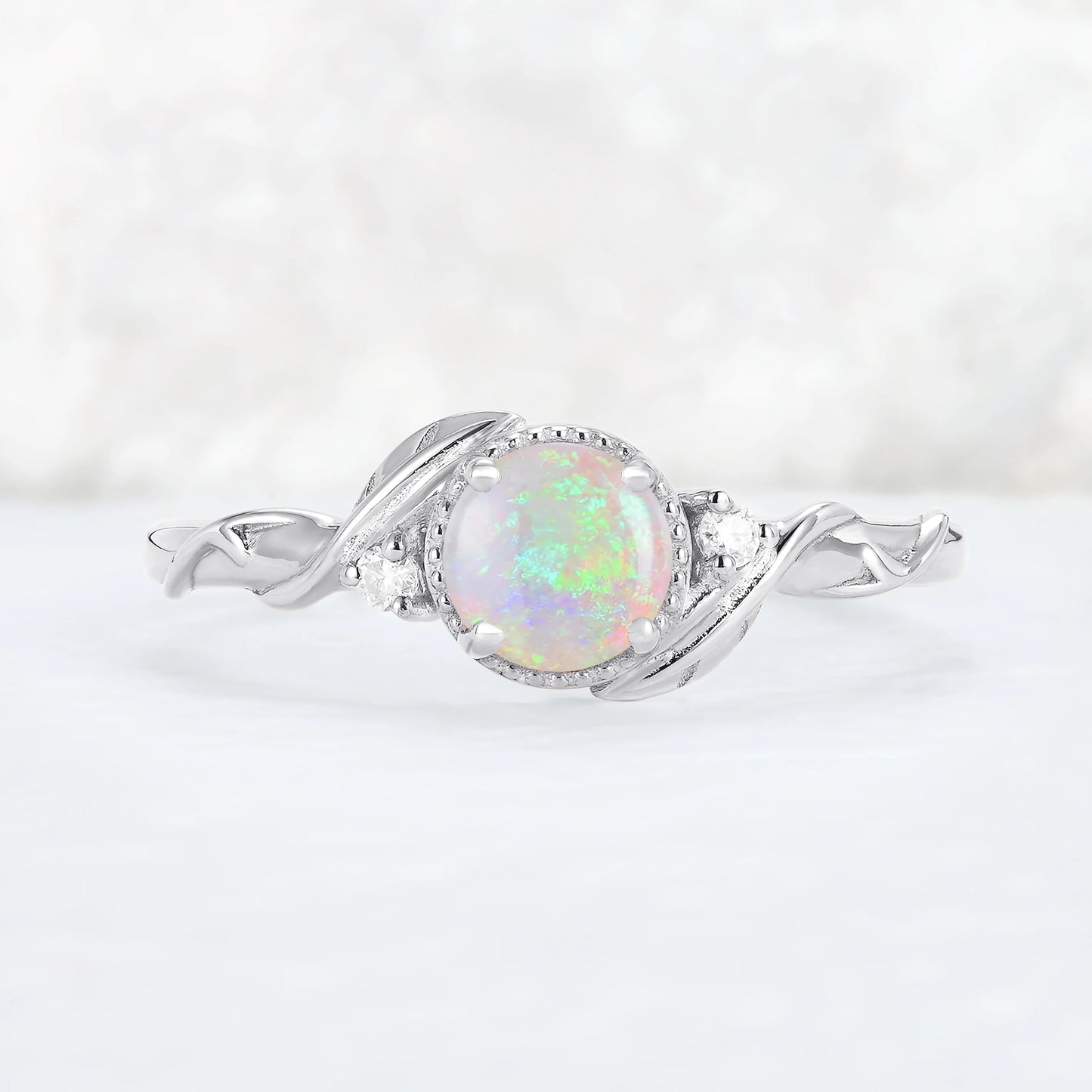 Nature Inspired Round Opal Leafy Twisted Gemstone Ring Set 2pcs