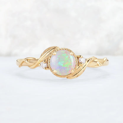 Nature Inspired Round Opal Leafy Twisted Gemstone Ring Set 2pcs