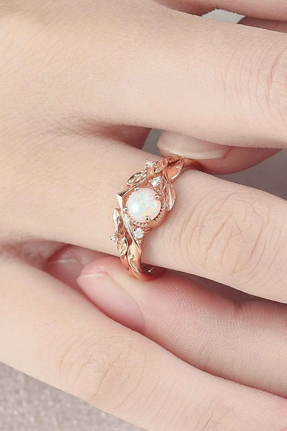 Nature Inspired Round Opal Leafy Twisted Gemstone Ring Set 2pcs
