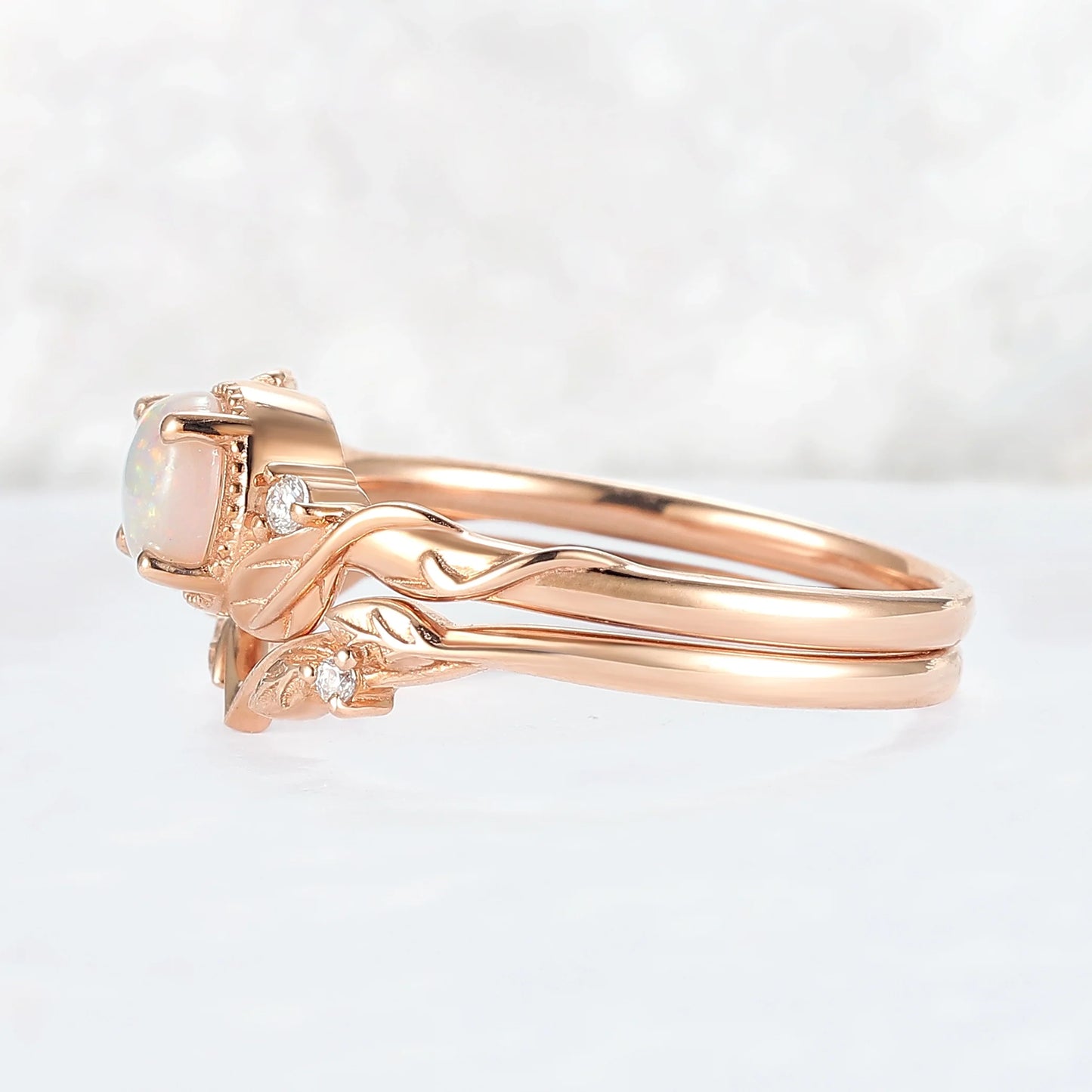 Nature Inspired Round Opal Leafy Twisted Gemstone Ring Set 2pcs