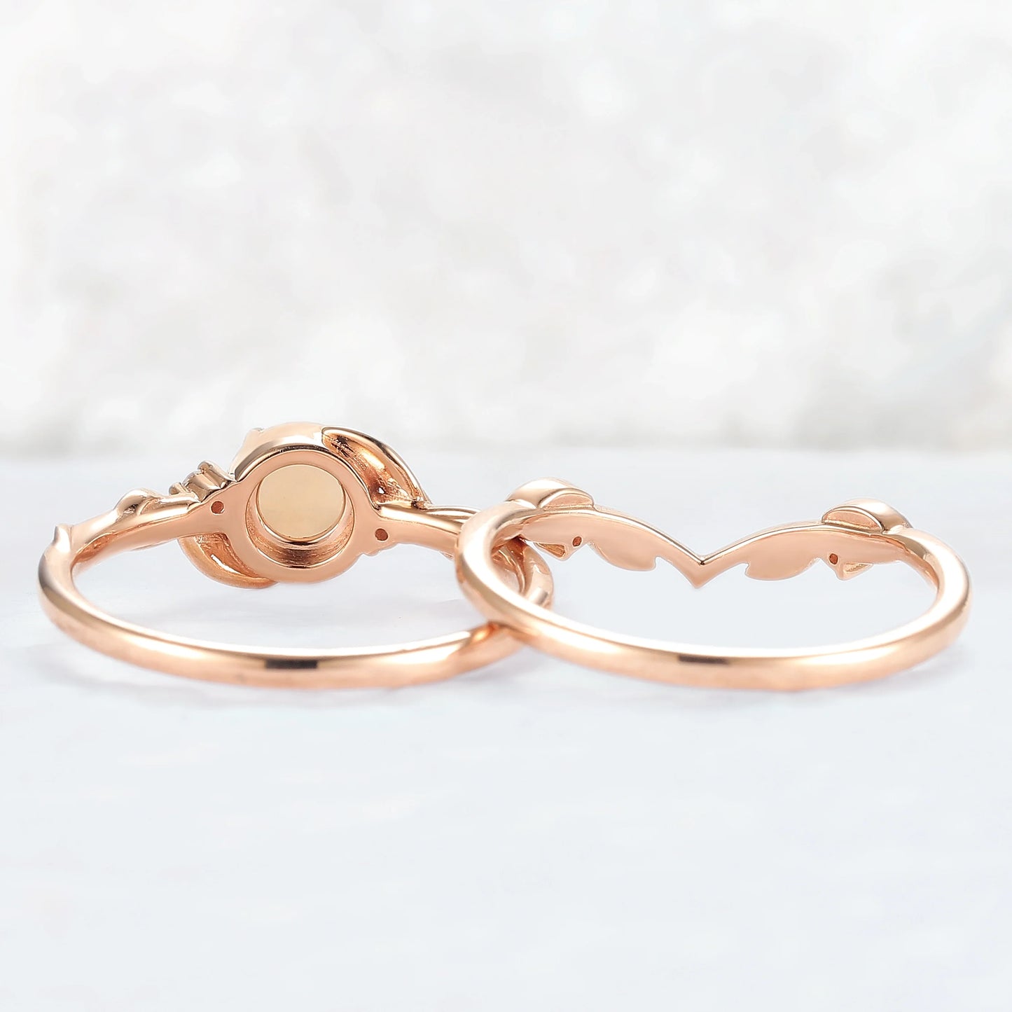 Nature Inspired Round Opal Leafy Twisted Gemstone Ring Set 2pcs