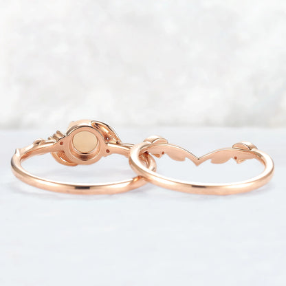 Nature Inspired Round Opal Leafy Twisted Gemstone Ring Set 2pcs