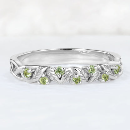 Nature Inspired Round Cut Peridot Willow Leaves Stacking Ring