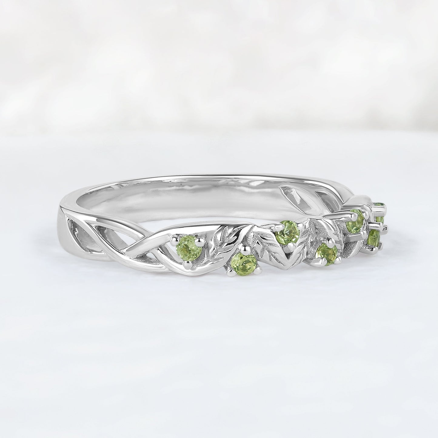 Nature Inspired Round Cut Peridot Willow Leaves Stacking Ring