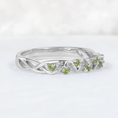 Nature Inspired Round Cut Peridot Willow Leaves Stacking Ring