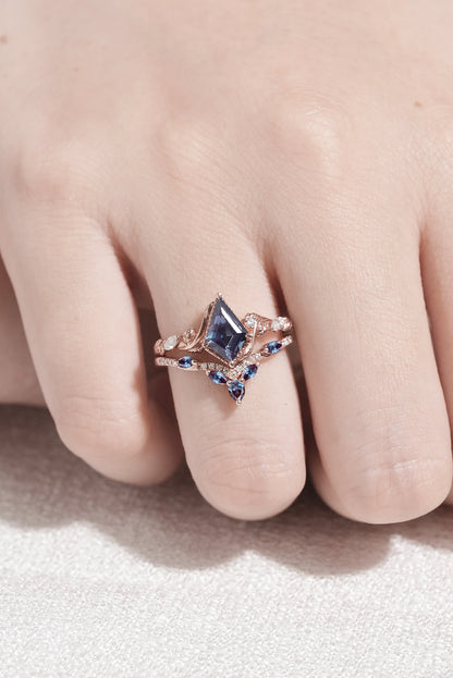 Nature Kite Cut Alexandrite Leaf Gemstone Ring Set 2pcs