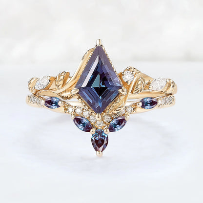 Nature Kite Cut Alexandrite Leaf Gemstone Ring Set 2pcs