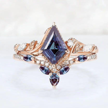 Nature Kite Cut Alexandrite Leaf Gemstone Ring Set 2pcs
