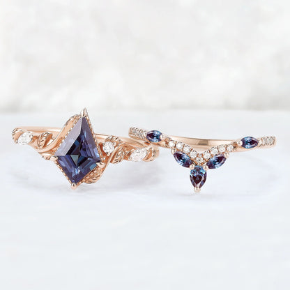 Nature Kite Cut Alexandrite Leaf Gemstone Ring Set 2pcs